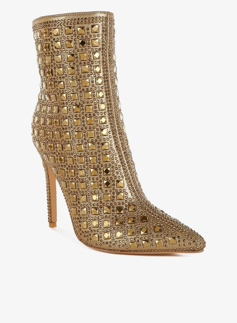 London Rag Pointed Toe Rhinestones Stiletto Boots in Gold