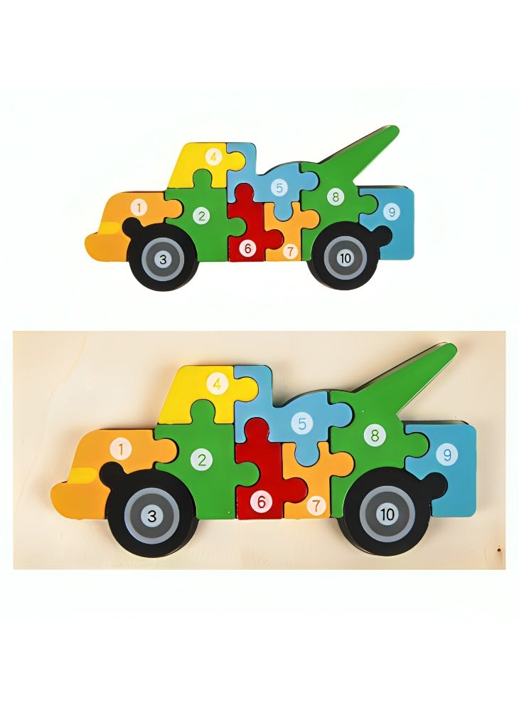 ألغاز خشبية ثلاثية الأبعاد مصممة لتعليم الأطفال الأشكال مع الأرقام، أدوات دعم التعليم المبكر للآباء والمعلمين، ألوان وأنماط جذابة، تنمية المهارات الحركية من مونتيسوري، هدايا رائعة (شكل سيارة أدوات) - Image 1