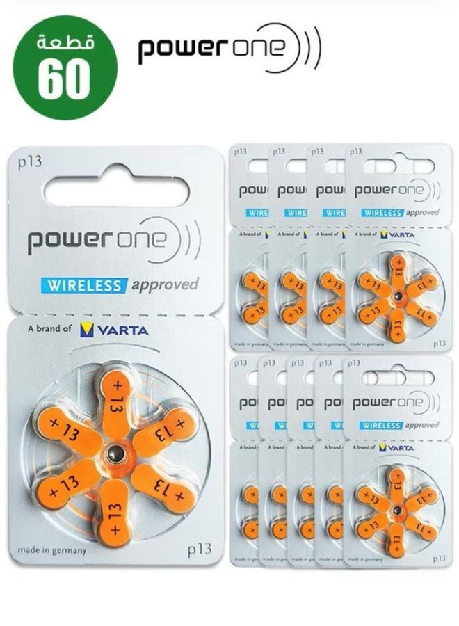 P13 (60 Batteries) 1.45V Original High Level Hearing Aid Batteries Long-lasting and stable 1.45V battery lasts 3-10 days Mercury-free and environmentally friendly Suitable for use in deep canal hearing aids (60 Batteries)