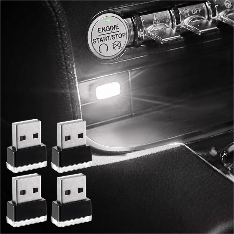 Augeny 4 PCS USB LED Car Interior Atmosphere Lamp, Plug-in USB Decor Night Light, Portable Auto Ambient Lighting Kit, Universal Vehicle Interior Accessories for Most Cars (White) - Image 1