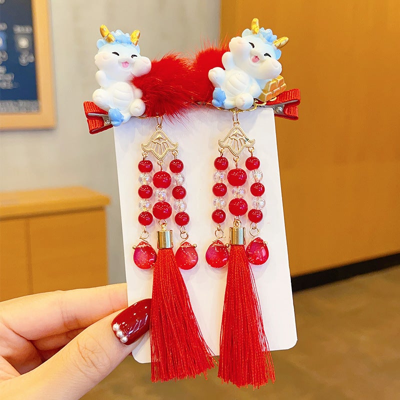 Generic Kids Chinese New Year Dragon Tassel Hair Clips Hongxi Longbao