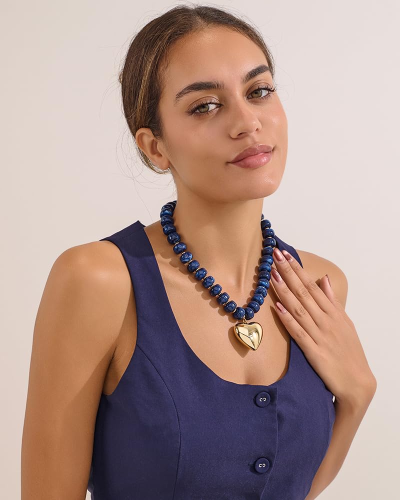 FAUTHENTICUTE Princess Blue Resin Beaded Necklace for Women With A Puffy Heart Charm Chunky Gold Heart Pendant Necklace Trendy Boho Choker Statement Necklace - Image 4