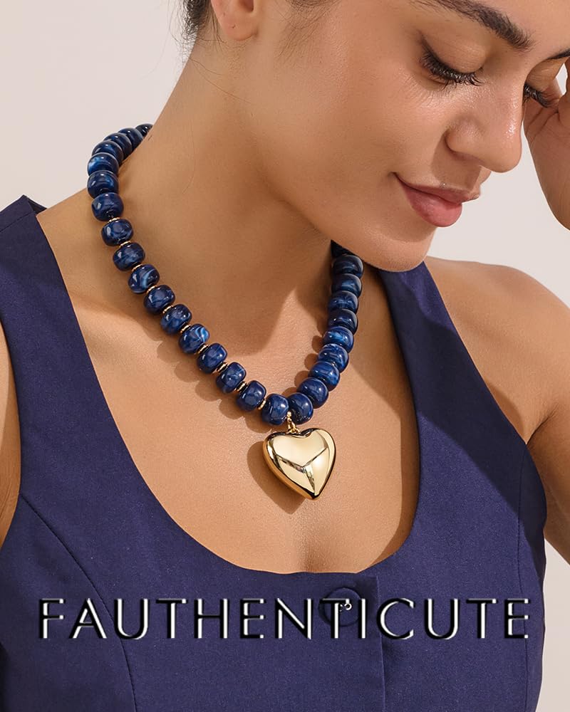 FAUTHENTICUTE Princess Blue Resin Beaded Necklace for Women With A Puffy Heart Charm Chunky Gold Heart Pendant Necklace Trendy Boho Choker Statement Necklace - Image 2