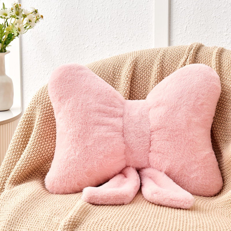 Mepherl Pink Bow Pillow,12'' Bow Shaped Pillow with Faux Rabbit Fur,Soft Bow Throw Pillows Aesthetic Bow Decorative Pillows for Bed Sofa Couch Home Decor - Image 1