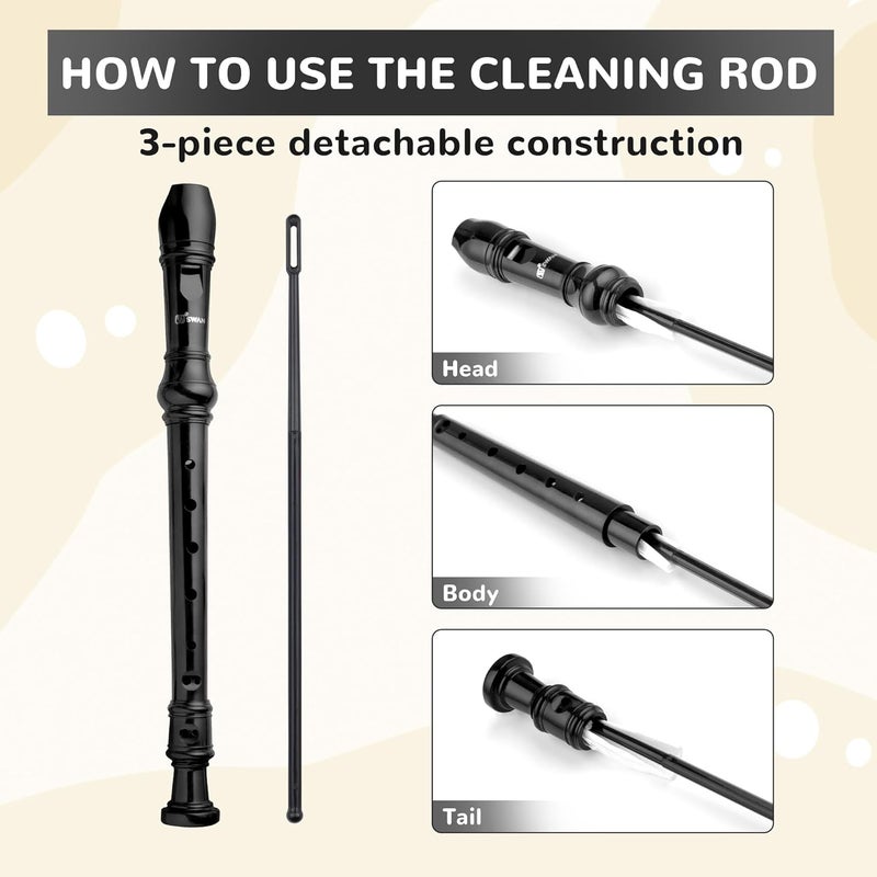 SWAN Soprano Recorder Instrument for Beginners Kids Student - German 8 Hole Flute Descant Recorders with Cleaning Rod Chart, Black - Image 4