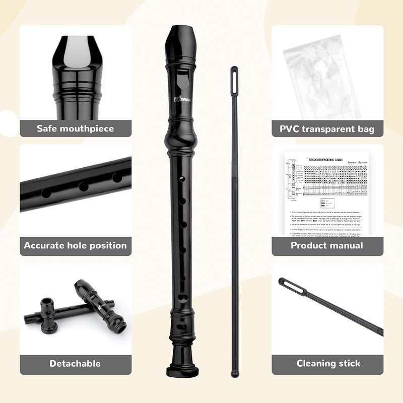 SWAN Soprano Recorder Instrument for Beginners Kids Student - German 8 Hole Flute Descant Recorders with Cleaning Rod Chart, Black - Image 1