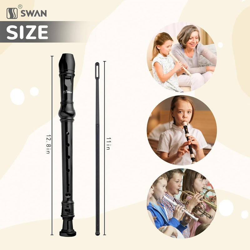 SWAN Soprano Recorder Instrument for Beginners Kids Student - German 8 Hole Flute Descant Recorders with Cleaning Rod Chart, Black - Image 2
