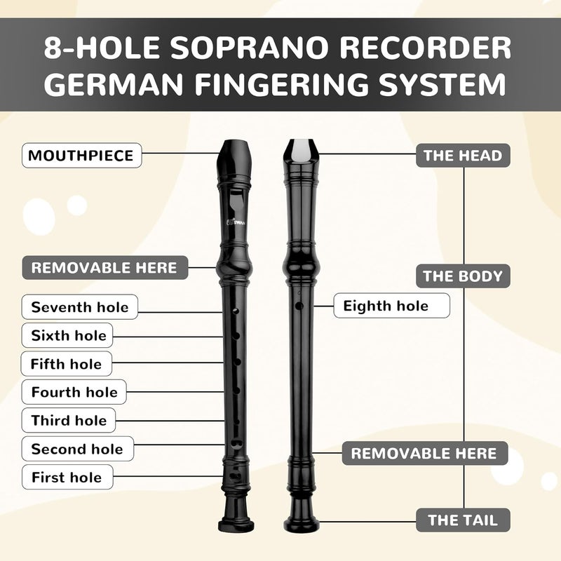 SWAN Soprano Recorder Instrument for Beginners Kids Student - German 8 Hole Flute Descant Recorders with Cleaning Rod Chart, Black - Image 3