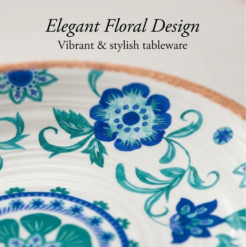 TarHong Rio Turquoise Floral Salad Plate 8.5 Inch Melamine Dinner Plate, Durable Shatter Resistant Lightweight Dishware for Indoor Outdoor Dining, Dishwasher Safe Reusable Serving Plate - Image 2
