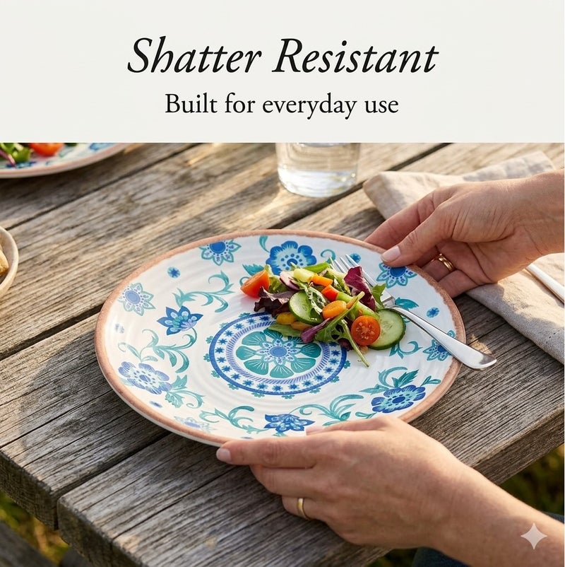 TarHong Rio Turquoise Floral Salad Plate 8.5 Inch Melamine Dinner Plate, Durable Shatter Resistant Lightweight Dishware for Indoor Outdoor Dining, Dishwasher Safe Reusable Serving Plate - Image 3
