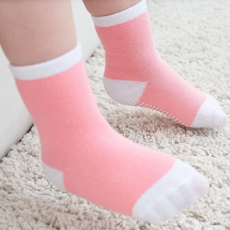 ZAPLES Baby Girls Non Slip Grip Crew Socks with Anti Skid Soles for Infants Toddlers Kids, Pink Stripes 12 Pairs, 12-36 Months - Image 2