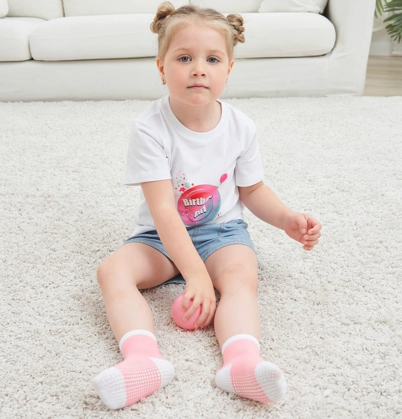 ZAPLES Baby Girls Non Slip Grip Crew Socks with Anti Skid Soles for Infants Toddlers Kids, Pink Stripes 12 Pairs, 12-36 Months - Image 3