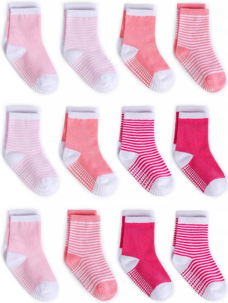 ZAPLES Baby Girls Non Slip Grip Crew Socks with Anti Skid Soles for Infants Toddlers Kids, Pink Stripes 12 Pairs, 12-36 Months - Image 1
