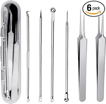 Lanjue 6 Pieces Blackhead Remover Tool Kit Stainless Steel Comedone Extractor Tweezers Acne Needle Blemish Whitehead Removal Pimple Zit Spot Popper Patches for Nose Face Skin - Image 1