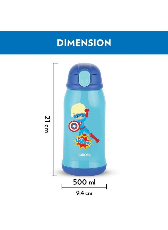 BOROSIL Superhero Stainless Steel Water Bottle For Kids Insulated Double Wall Vacuum Hot & Cold Water Bottle For Children 500 Ml Blue  - Image 4