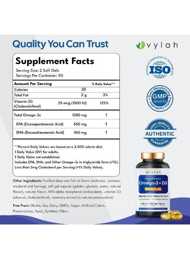 Vylah Triple Strength Omega 3 Fish Oil 1280mg + Vitamin D3 25mcg – 200 Softgels | 650mg EPA & 450mg DHA | Triglyceride Form, Molecularly Distilled | Supports Heart, Brain, Bone & Immune Health - Image 3