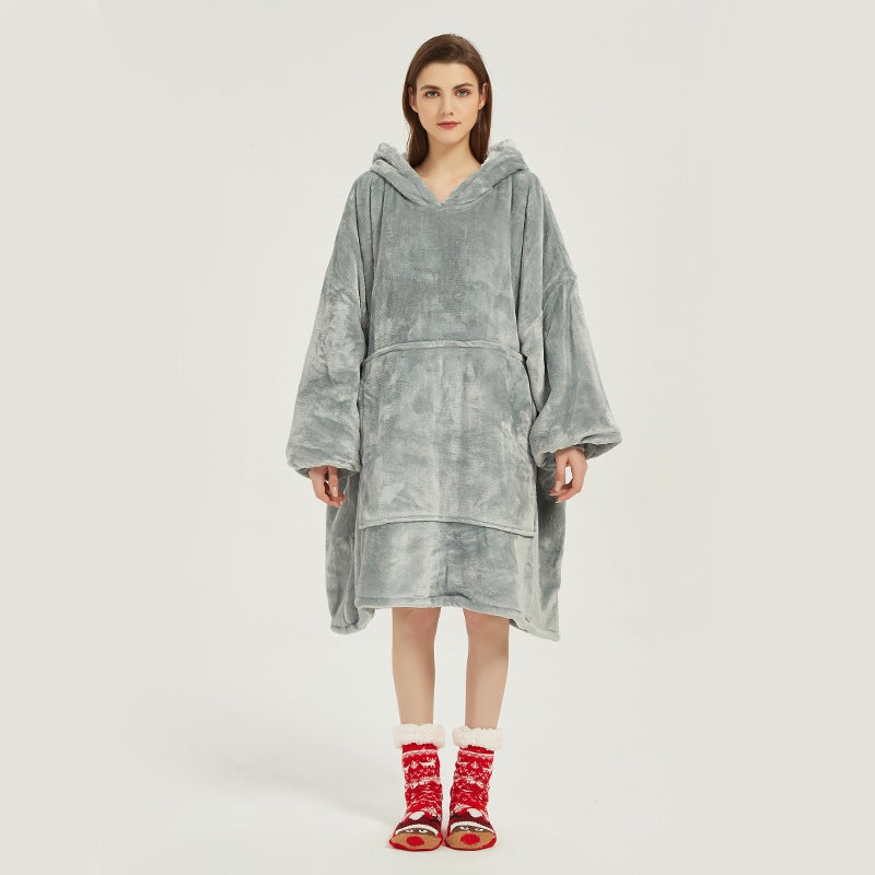 Oversized Hoodie Blanket Flannel Couples Loungewear Silver Grey-Adult Double Layer 