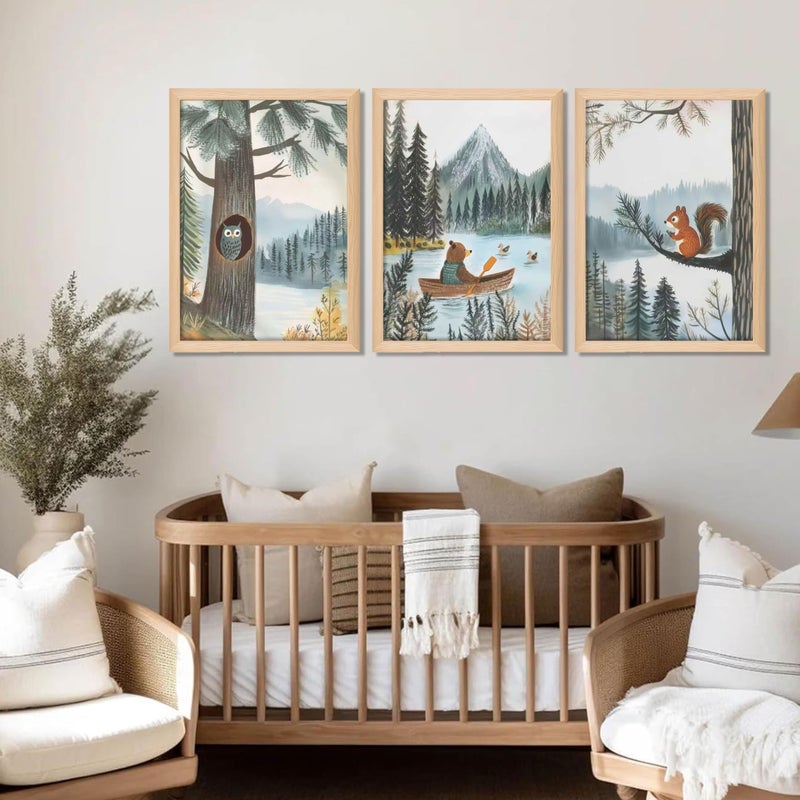 BGFCE Framed Cute Animals Wall Art Set of 3, Woodland Bear Canoe Adventure Nursery Decor, Owl Squirrel Kids Room Pictures Prints, Wild Animals Canvas Wall Decor for Baby Room Decor â€“ 12x16 inch - Image 2