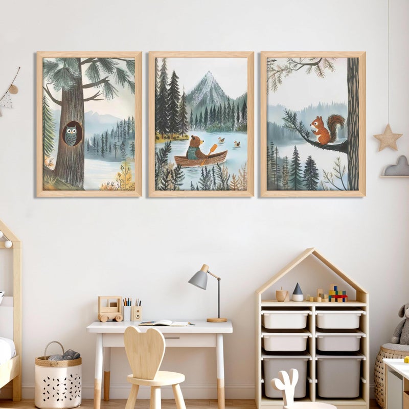 BGFCE Framed Cute Animals Wall Art Set of 3, Woodland Bear Canoe Adventure Nursery Decor, Owl Squirrel Kids Room Pictures Prints, Wild Animals Canvas Wall Decor for Baby Room Decor â€“ 12x16 inch - Image 4
