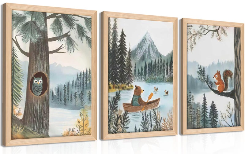 BGFCE Framed Cute Animals Wall Art Set of 3, Woodland Bear Canoe Adventure Nursery Decor, Owl Squirrel Kids Room Pictures Prints, Wild Animals Canvas Wall Decor for Baby Room Decor â€“ 12x16 inch - Image 1