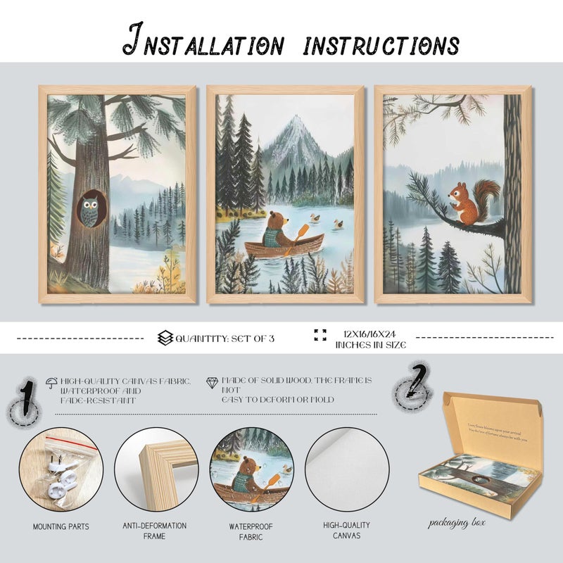 BGFCE Framed Cute Animals Wall Art Set of 3, Woodland Bear Canoe Adventure Nursery Decor, Owl Squirrel Kids Room Pictures Prints, Wild Animals Canvas Wall Decor for Baby Room Decor â€“ 12x16 inch - Image 5