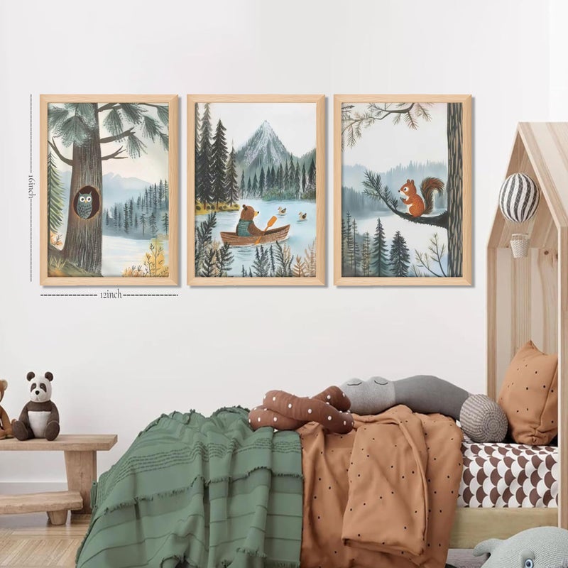BGFCE Framed Cute Animals Wall Art Set of 3, Woodland Bear Canoe Adventure Nursery Decor, Owl Squirrel Kids Room Pictures Prints, Wild Animals Canvas Wall Decor for Baby Room Decor â€“ 12x16 inch - Image 3