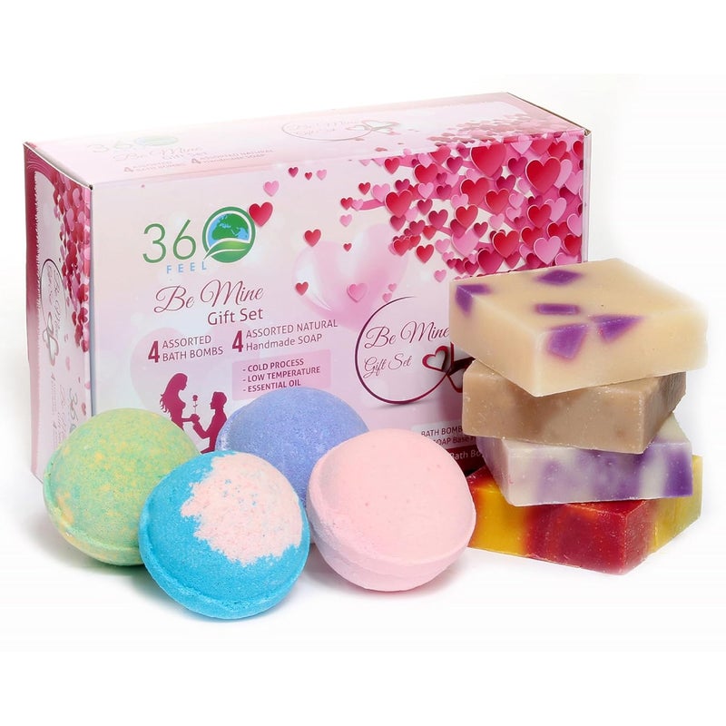Be Mine 4 Bath Bombs Plus 4 Handmade Soap Gift Essential Oil Organic Bath Bomb gifts for Men Women