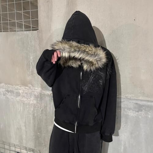 RICHTRUE Therian Fur Hood Jacket Y2k Goth Zip Up Hoodie Oversized Graphic Sweatshirt Emo Grunge Streetwear Fall Winter 2025 (Goth Black,M) - Image 2