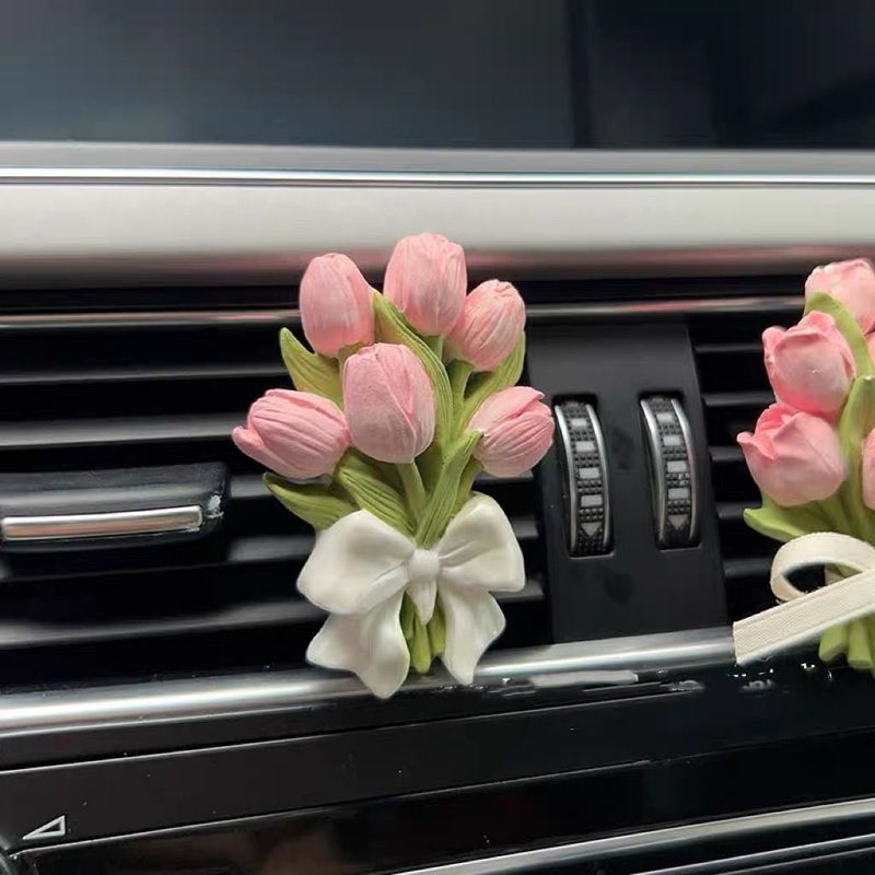A 3D Artificial Whole Pink Tulip Car Air Outlet Decoration Cement Fashion Interior Vehicle Ornament 2 Pieces - Image 4