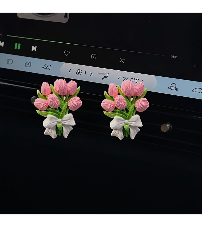 A 3D Artificial Whole Pink Tulip Car Air Outlet Decoration Cement Fashion Interior Vehicle Ornament 2 Pieces - Image 3