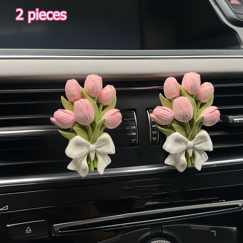A 3D Artificial Whole Pink Tulip Car Air Outlet Decoration Cement Fashion Interior Vehicle Ornament 2 Pieces - Image 1