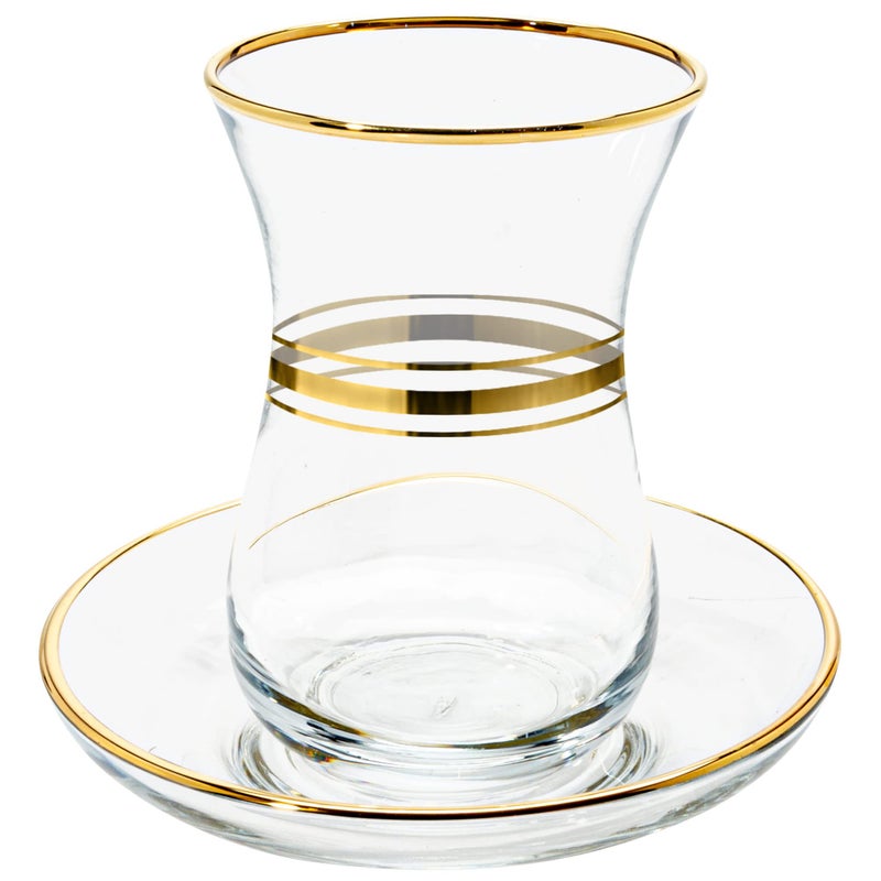 Vikko Turkish Tea Glasses & Saucers, 4 Oz Authentic Turkish Tea Cups,Set of 6 Clear Glass Tea Cups And Saucers, Gold Accented Turkish Tea Cup Set, 6 Cups and 6 Plates - Image 1