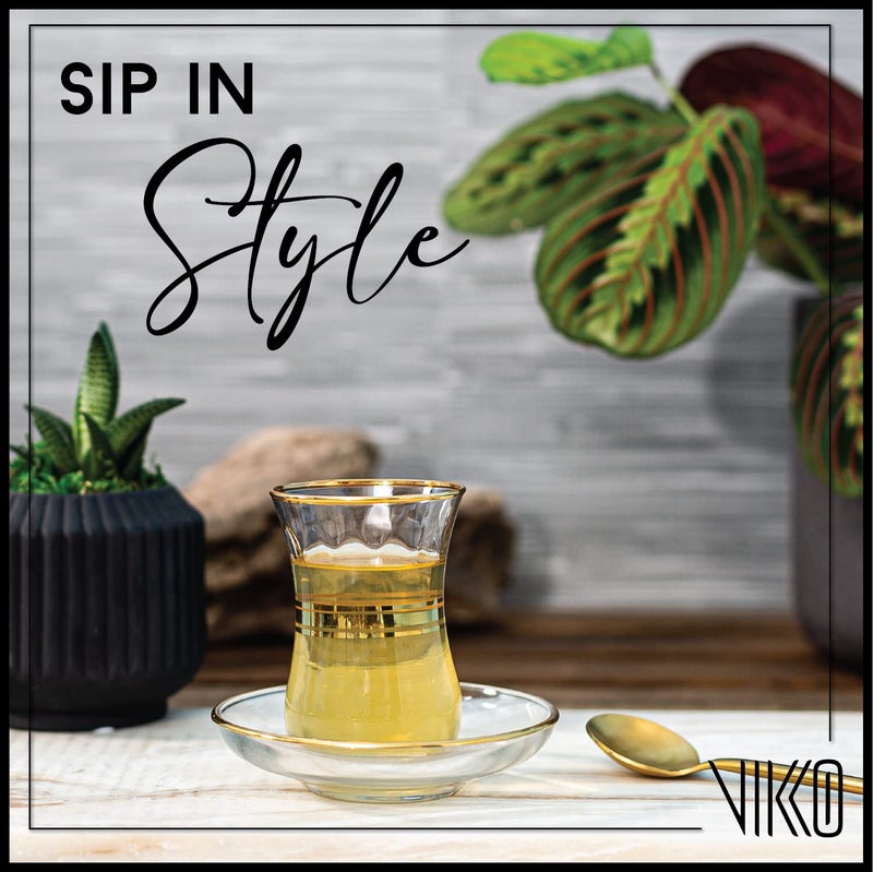 Vikko Turkish Tea Glasses & Saucers, 4 Oz Authentic Turkish Tea Cups,Set of 6 Clear Glass Tea Cups And Saucers, Gold Accented Turkish Tea Cup Set, 6 Cups and 6 Plates - Image 5