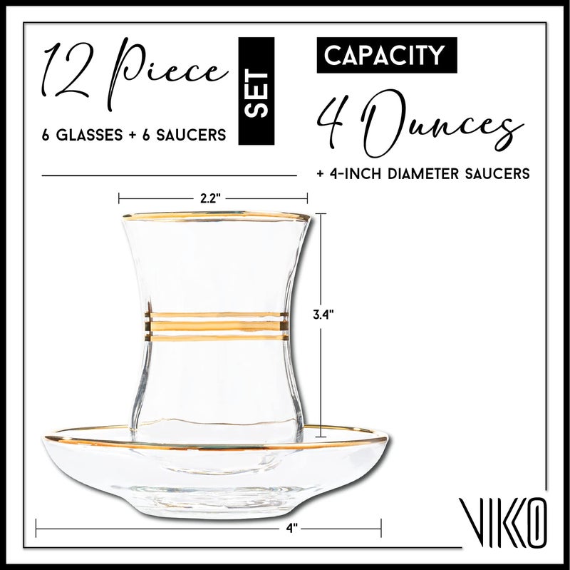 Vikko Turkish Tea Glasses & Saucers, 4 Oz Authentic Turkish Tea Cups,Set of 6 Clear Glass Tea Cups And Saucers, Gold Accented Turkish Tea Cup Set, 6 Cups and 6 Plates - Image 2