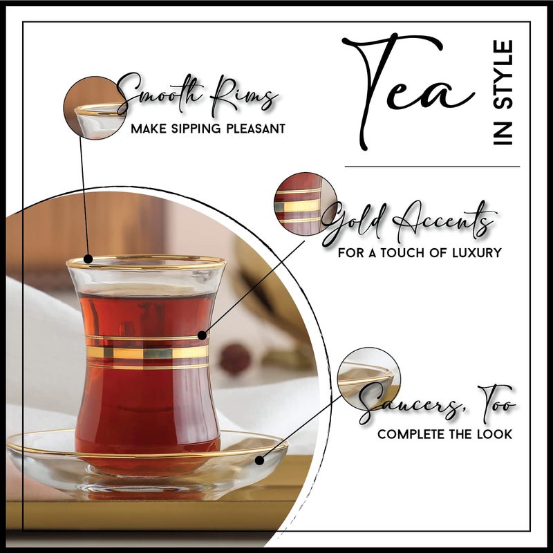 Vikko Turkish Tea Glasses & Saucers, 4 Oz Authentic Turkish Tea Cups,Set of 6 Clear Glass Tea Cups And Saucers, Gold Accented Turkish Tea Cup Set, 6 Cups and 6 Plates - Image 3