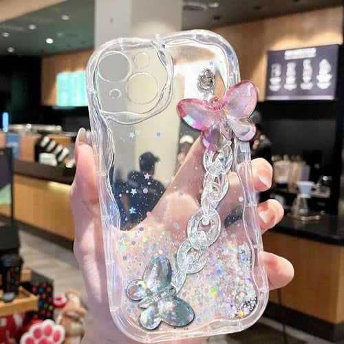 KC Back Cover for Samsung Galaxy A06 5G - Curly Wave Dry Fixed Glitter Crystal Butterfly Wrist Bracelet Shockproof Soft Silicone Camera Protection Case (Transparent) - Image 3