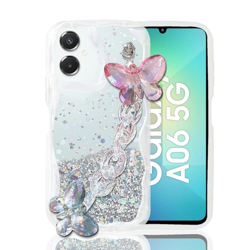 KC Back Cover for Samsung Galaxy A06 5G - Curly Wave Dry Fixed Glitter Crystal Butterfly Wrist Bracelet Shockproof Soft Silicone Camera Protection Case (Transparent) - Image 1