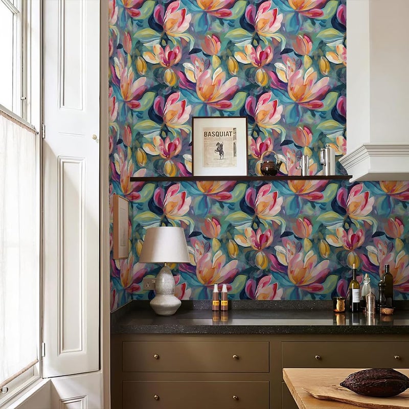 REDAMANCY Colorful Blur/Green Magnolia Floral Pink/Red Flower Abstract Art Peel and Stick Wallpaper Stick on Contact Paper Vintage Wall Paper Easy Peel Off for nightstand Drawer Cabinet Renter - Image 5