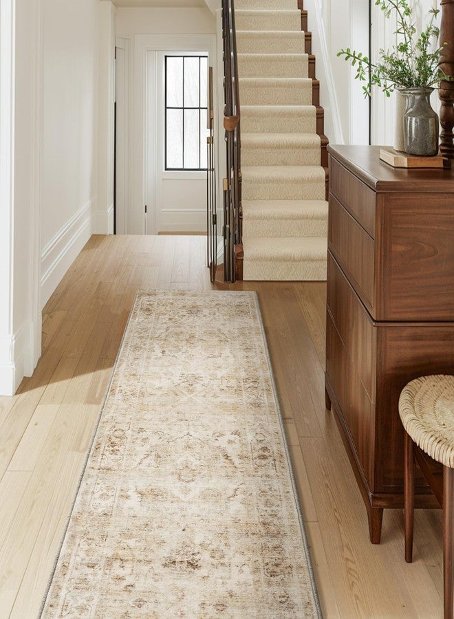 AMOAMI-2X10 Runner Rug-Washable Runners for Hallways-Soft Non Slip Bedside Rugs for Bedroom-Vintage Long Rug for Hallways Entryway Laundry Room Stair Kitchen Bathroom Beige - Image 4