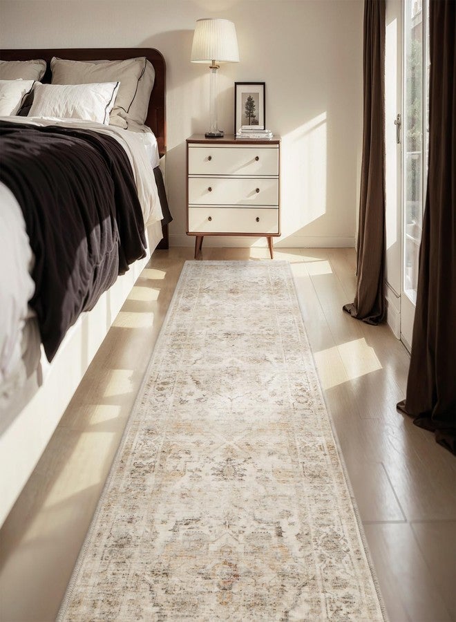 AMOAMI-2X10 Runner Rug-Washable Runners for Hallways-Soft Non Slip Bedside Rugs for Bedroom-Vintage Long Rug for Hallways Entryway Laundry Room Stair Kitchen Bathroom Beige - Image 2
