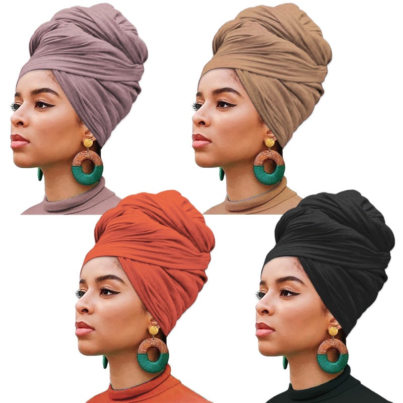 XTREND 4 Pieces Stretch Jersey Head Wraps Turban African Fashion Headband Long Hair Scarf Solid Color Head Wrap Ultra Breathable Soft Turban Tie for Women Black Camel Leather Powder Orange