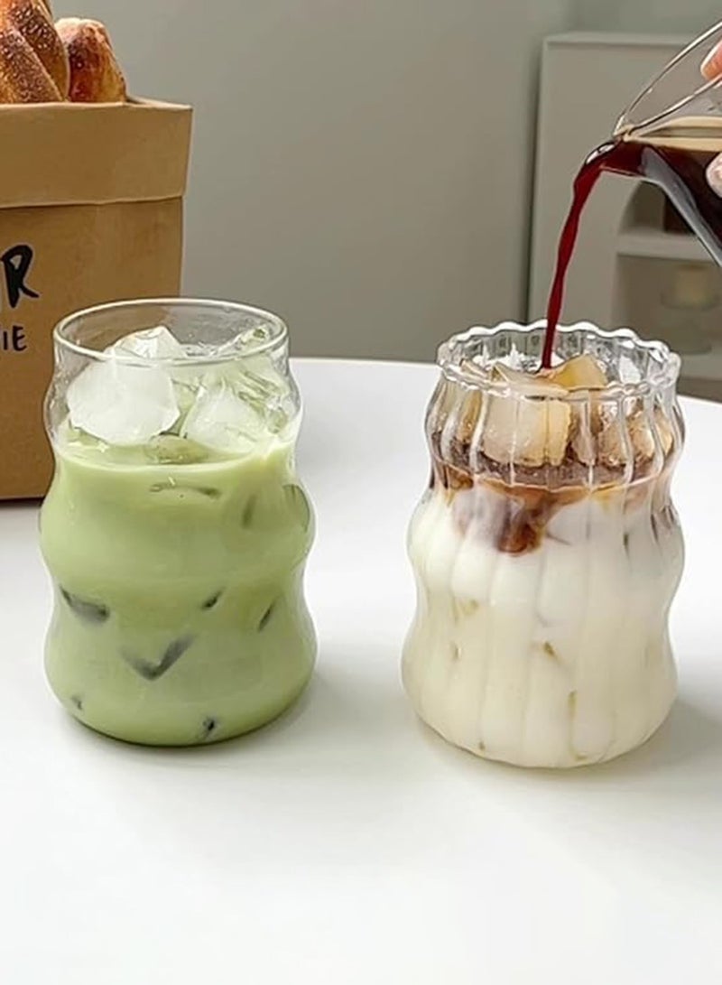 DAMCONME 2 Pcs Ribbed Glass Cups – Vintage Wave Design Drinking Glassware for Iced Coffee, Juice, Milk,  Tea and Beverages - Image 2