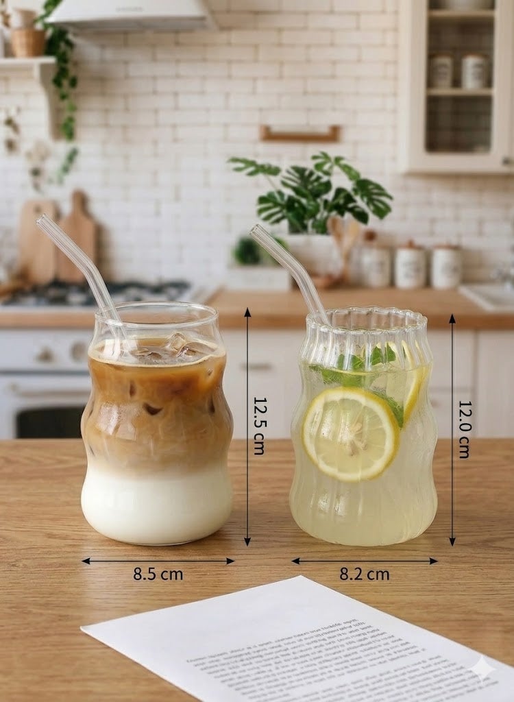 DAMCONME 2 Pcs Ribbed Glass Cups – Vintage Wave Design Drinking Glassware for Iced Coffee, Juice, Milk,  Tea and Beverages - Image 2