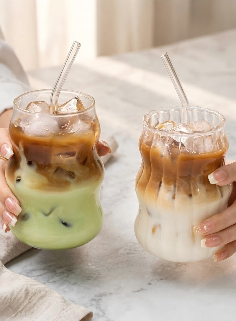 DAMCONME 2 Pcs Ribbed Glass Cups – Vintage Wave Design Drinking Glassware for Iced Coffee, Juice, Milk,  Tea and Beverages - Image 1