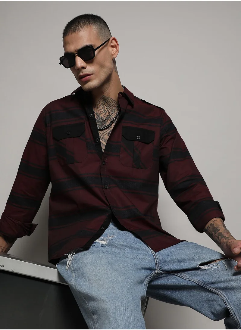 Campus Sutra Men's Black & Maroon Red Horizontal Halo Striped Shirt