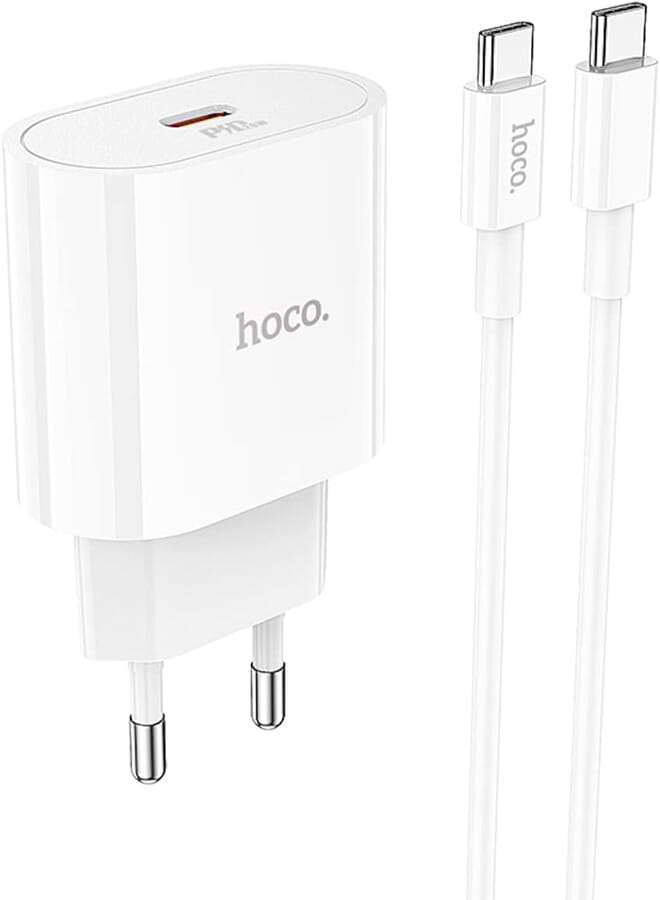 Hoco Hoco C94A - Metro Single Port Fast Charger (3A- PD20W), Set With Type-C To Type-C Cable, Support PD, PPS, QC3.0, FCP, AFC Fast Charging Protoclols, Compatible with iPhone Samsung Xiaomi Oppo - White