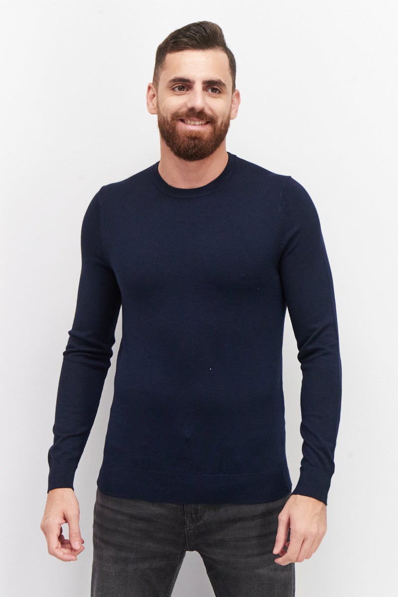 Celio Men Crew Neck Long Sleeve Plain Sweaters, Navy Blue - Image 1