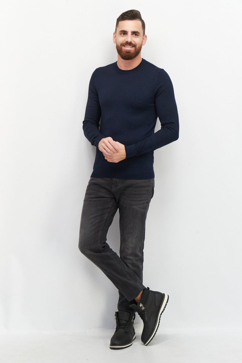 Celio Men Crew Neck Long Sleeve Plain Sweaters, Navy Blue - Image 3