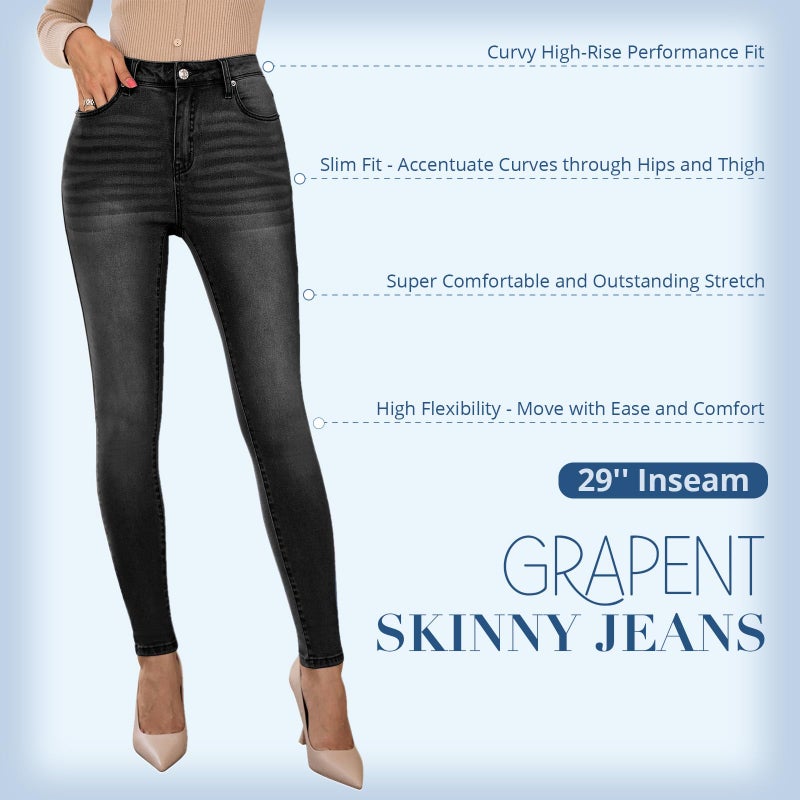 GRAPENT Womens Jeans Stretchy High Rise Stretch Jeans Cowgirl Jeans Black Jeggings with Pockets Color Washed Black Medium Size 8-10 - Image 4