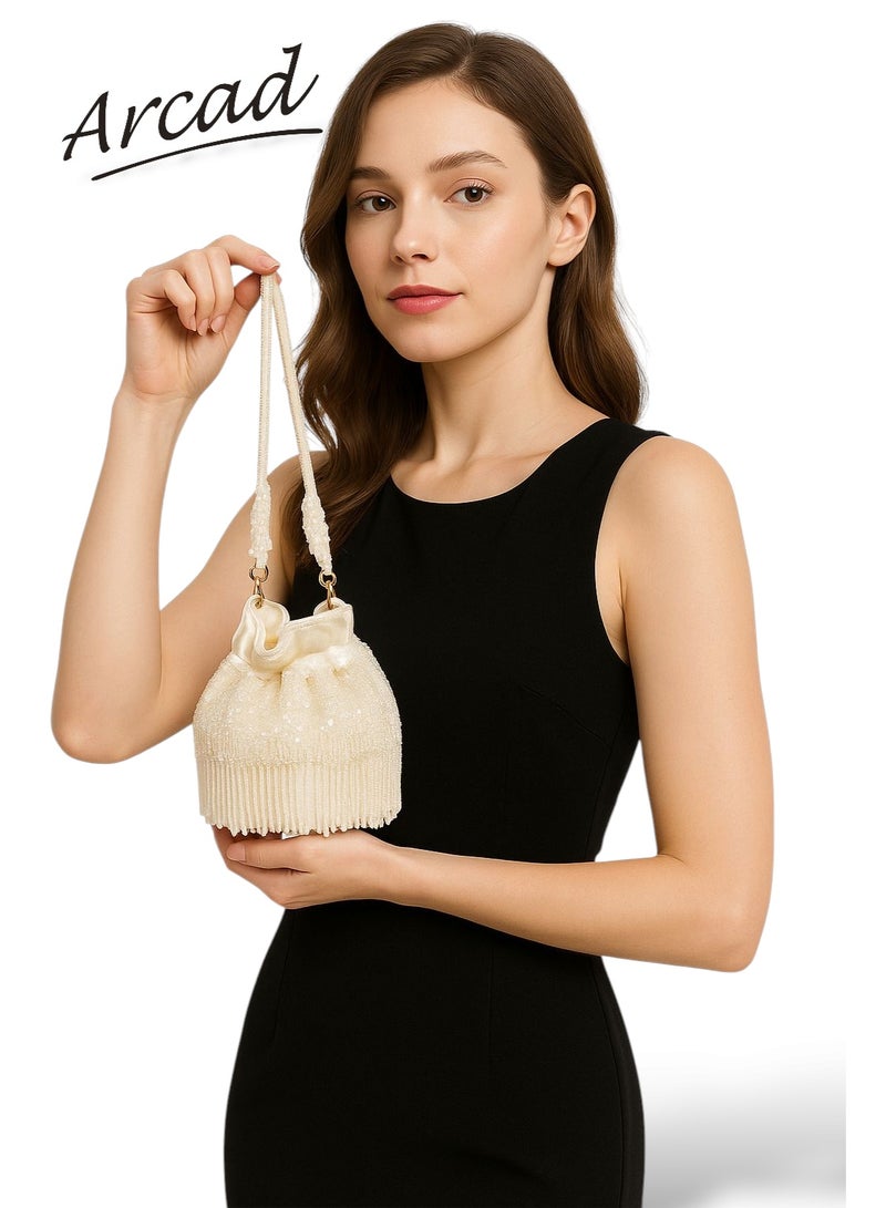 أركاد حقيبة بوتلي نسائية مطرزة بالخرز من أركاد بحبل شد للسهرات والأعراس – أبيض - Image 2